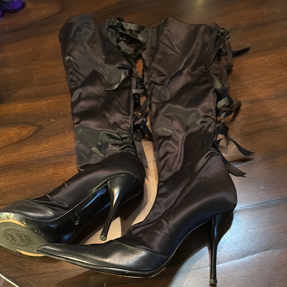 Les Trope Pointy leather + fabric bows trim back Shiny Stiletto Heeled Boots